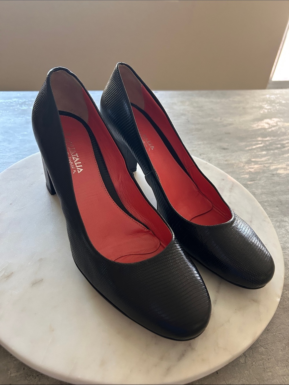 Aquatalia Black Textured Pump with Red Insole